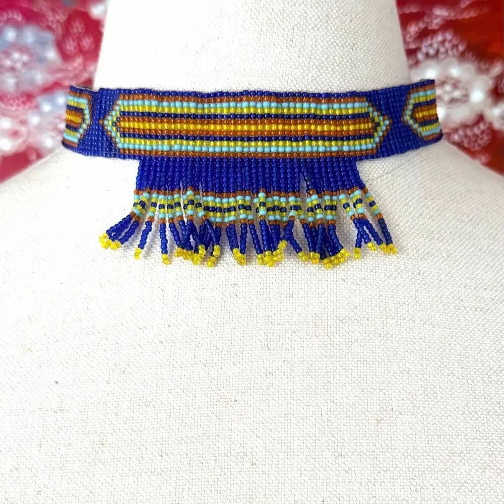 Handmade Beaded Choker Necklace Blue Fringe Seed Bead Tribal Boho Festival